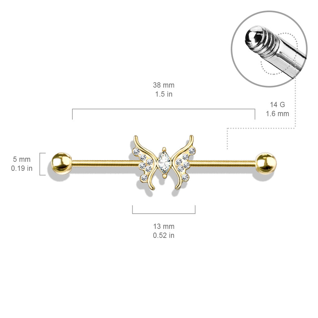 Marquise Crystal Center Crystal Paved Butterfly 316L Surgical Steel Industrial Barbell size chart