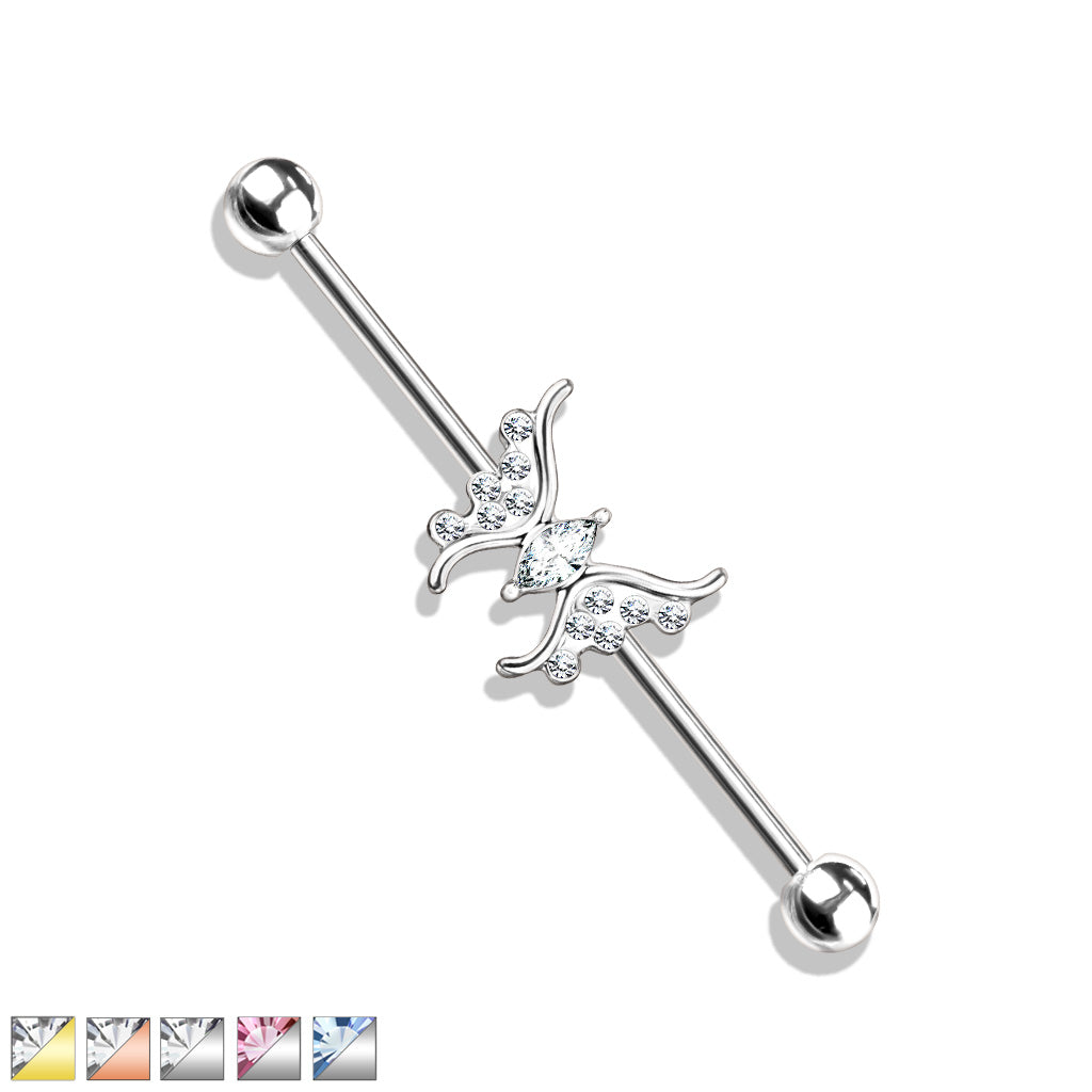 Marquise Crystal Center Crystal Paved Butterfly 316L Surgical Steel Industrial Barbell - all colors
