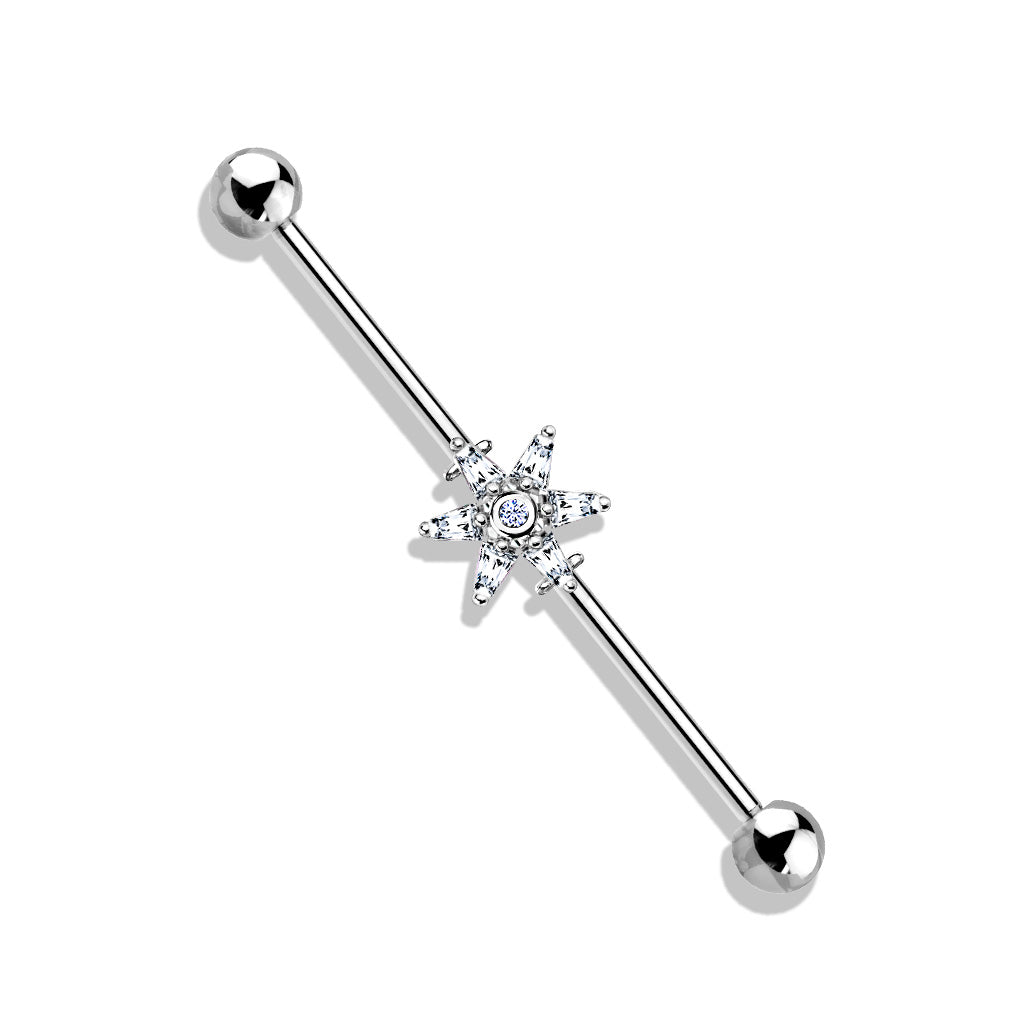 6 Princess Cut CZ Petal Flower 316L Surgical Steel Industrial Barbells - Clear