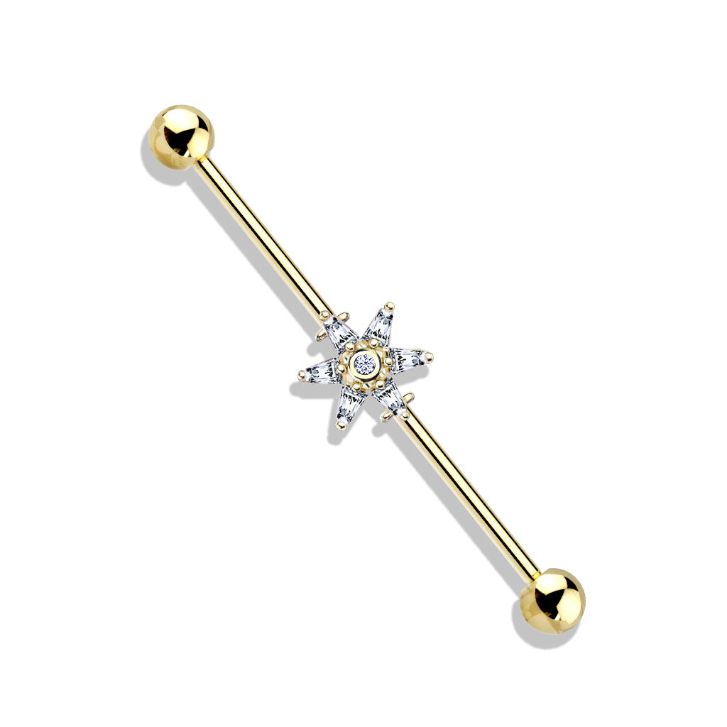 6 Princess Cut CZ Petal Flower 316L Surgical Steel Industrial Barbells - Gold/Clear