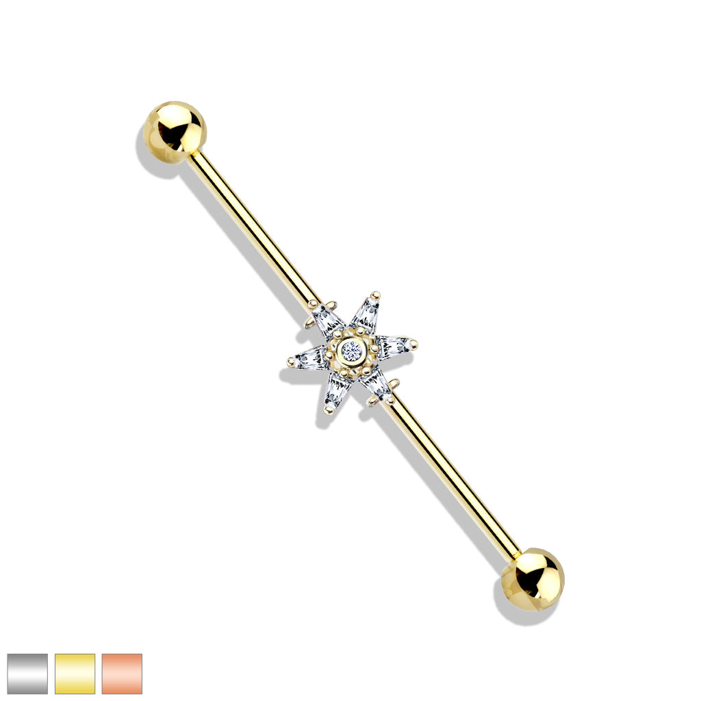 6 Princess Cut CZ Petal Flower 316L Surgical Steel Industrial Barbells - all colors