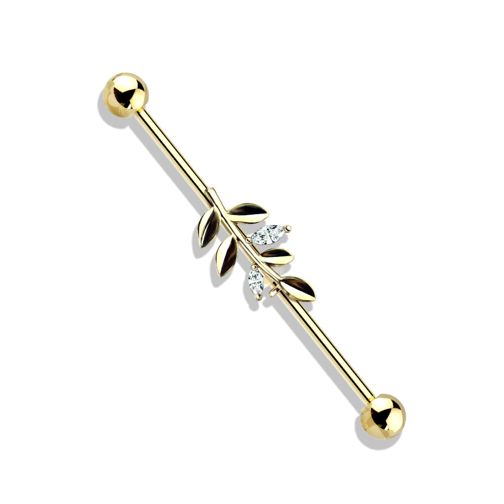 CZ Set Leaf 316L Surgical Steel Industrial Barbells - Gold/Clear