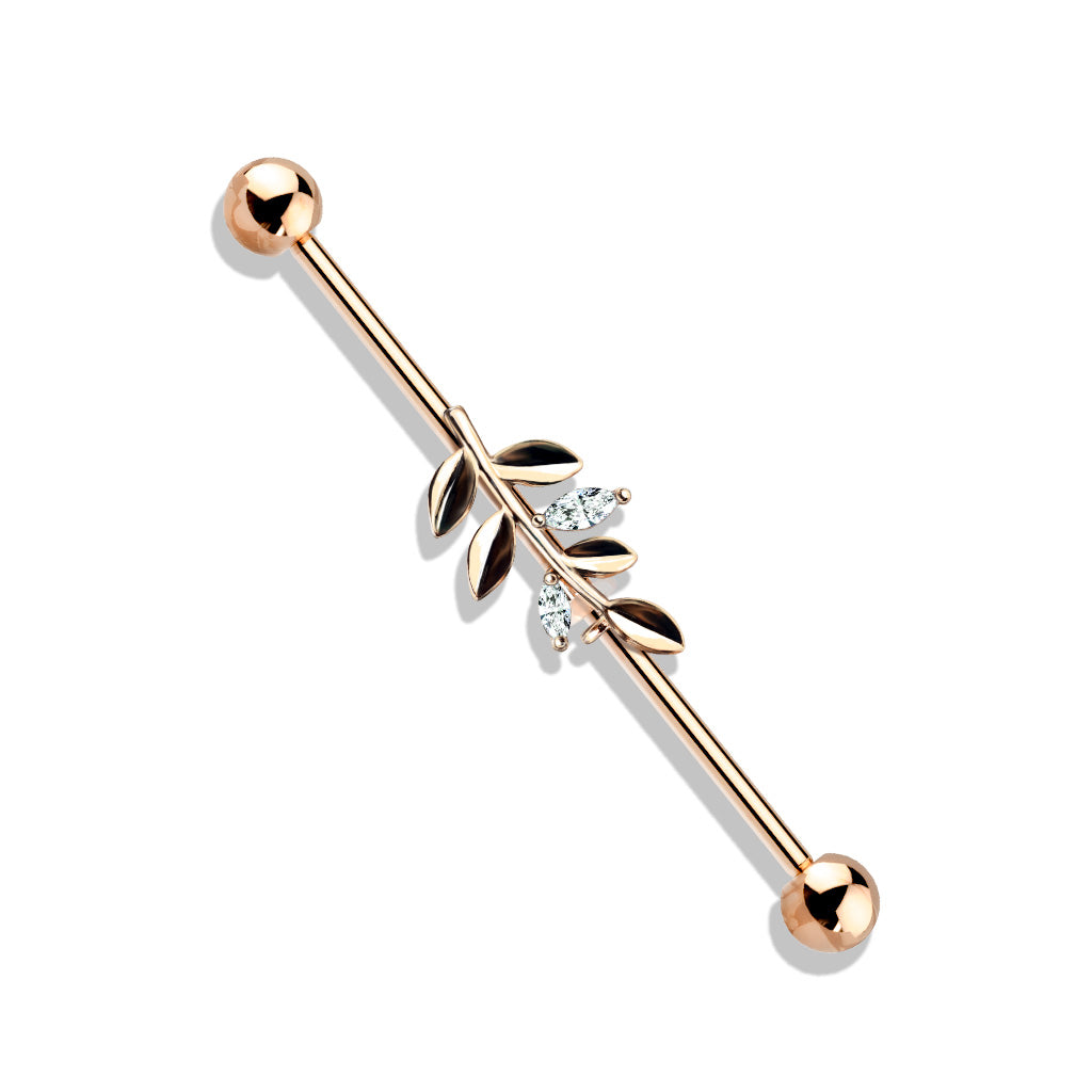 CZ Set Leaf 316L Surgical Steel Industrial Barbells - Rose Gold/Clear