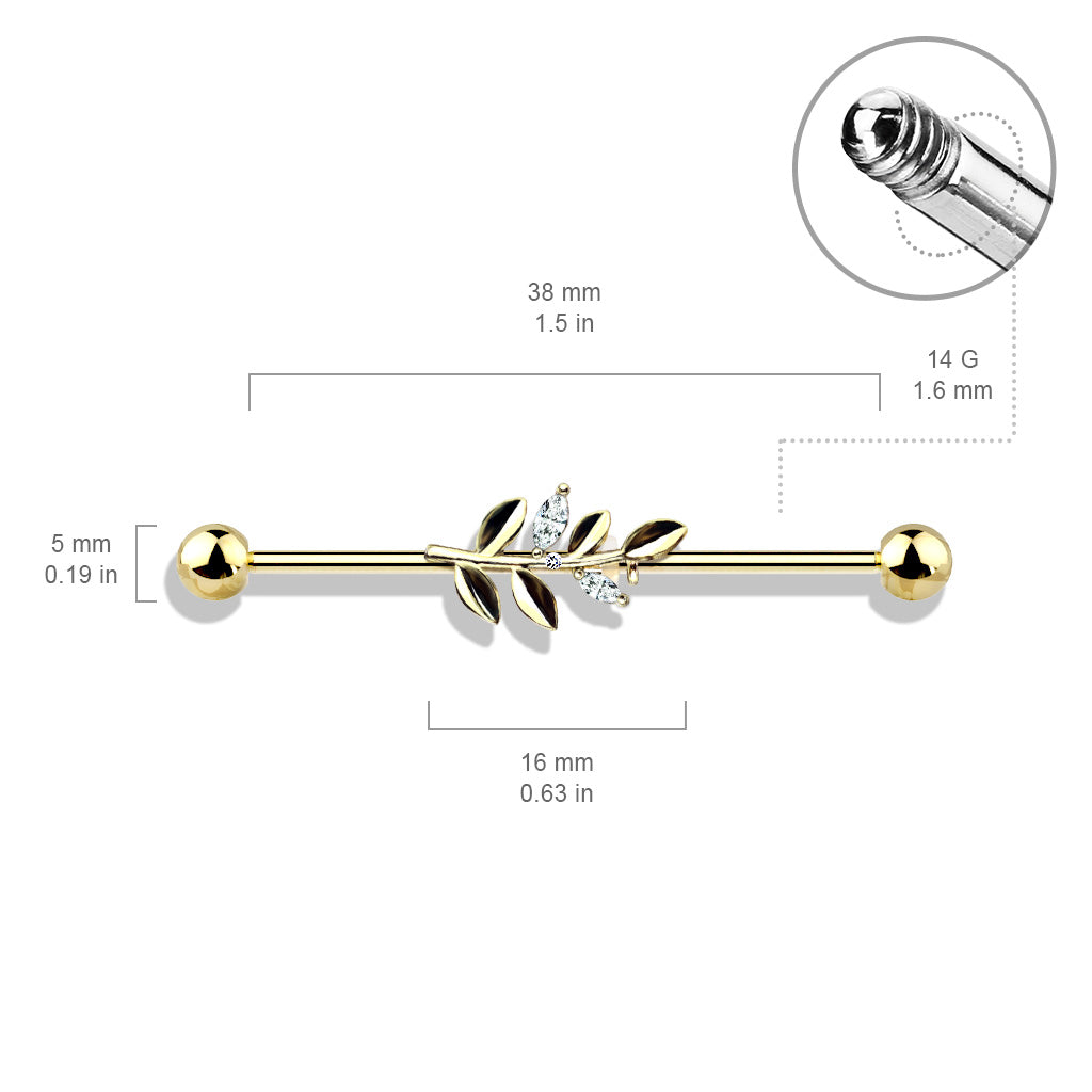 CZ Set Leaf 316L Surgical Steel Industrial Barbells size chart