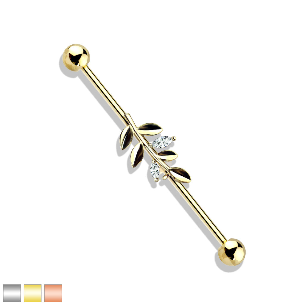CZ Set Leaf 316L Surgical Steel Industrial Barbells - all colors