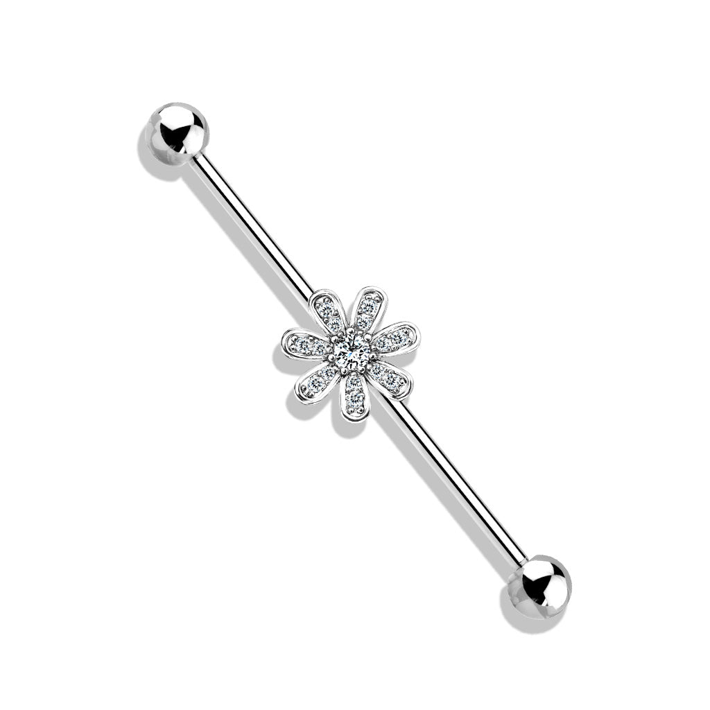 Micro CZ Paved Flower 316L Surgical Steel Industrial Barbells - Clear