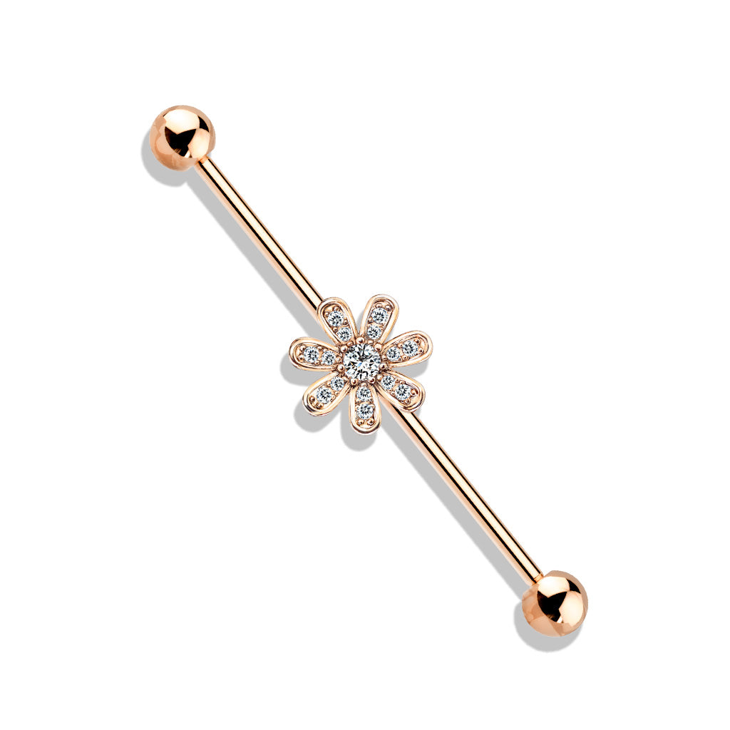Micro CZ Paved Flower 316L Surgical Steel Industrial Barbells - Rose Gold/Clear