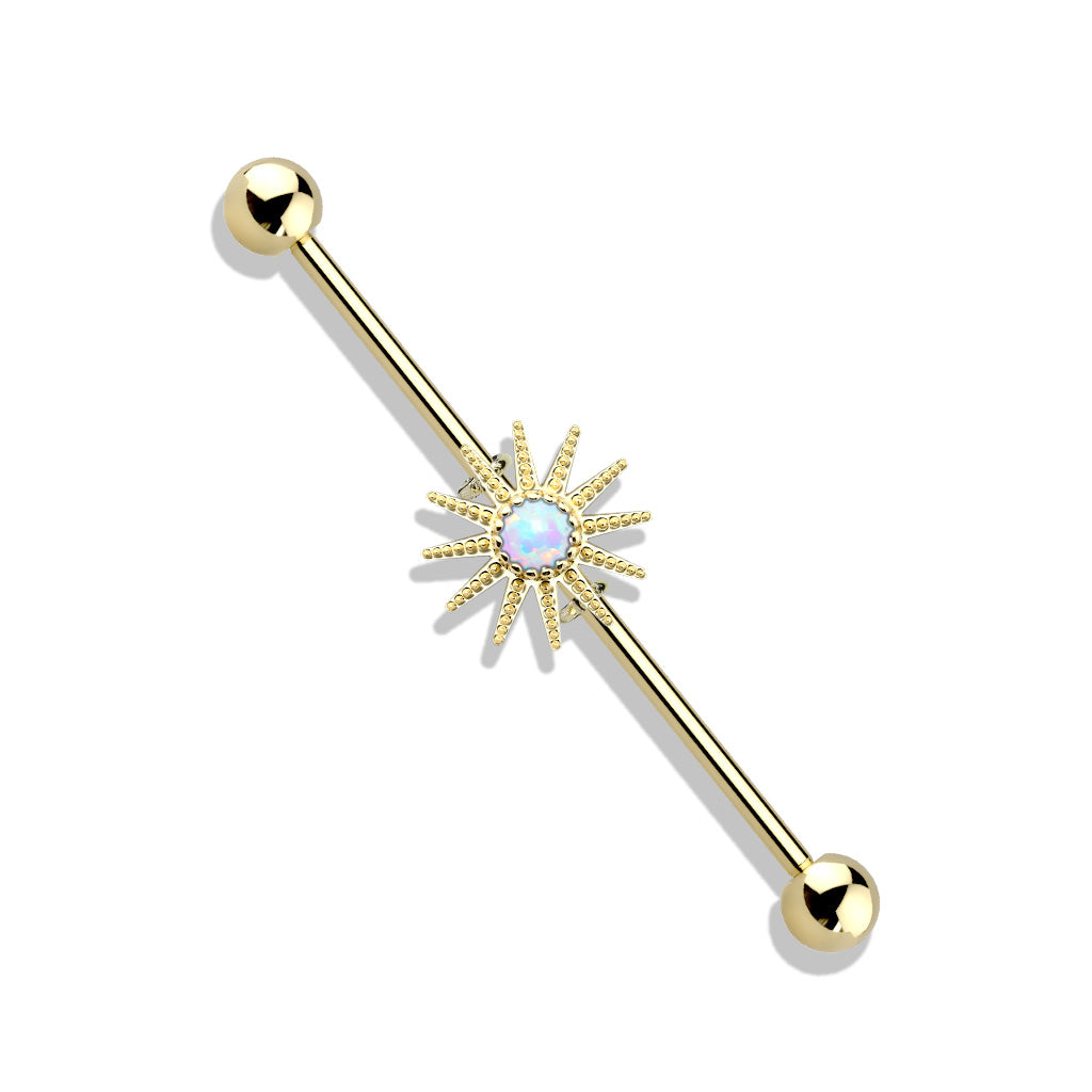 Opal Center Sunburst 316L Surgical Steel Industrial Barbell - Gold/Opal White
