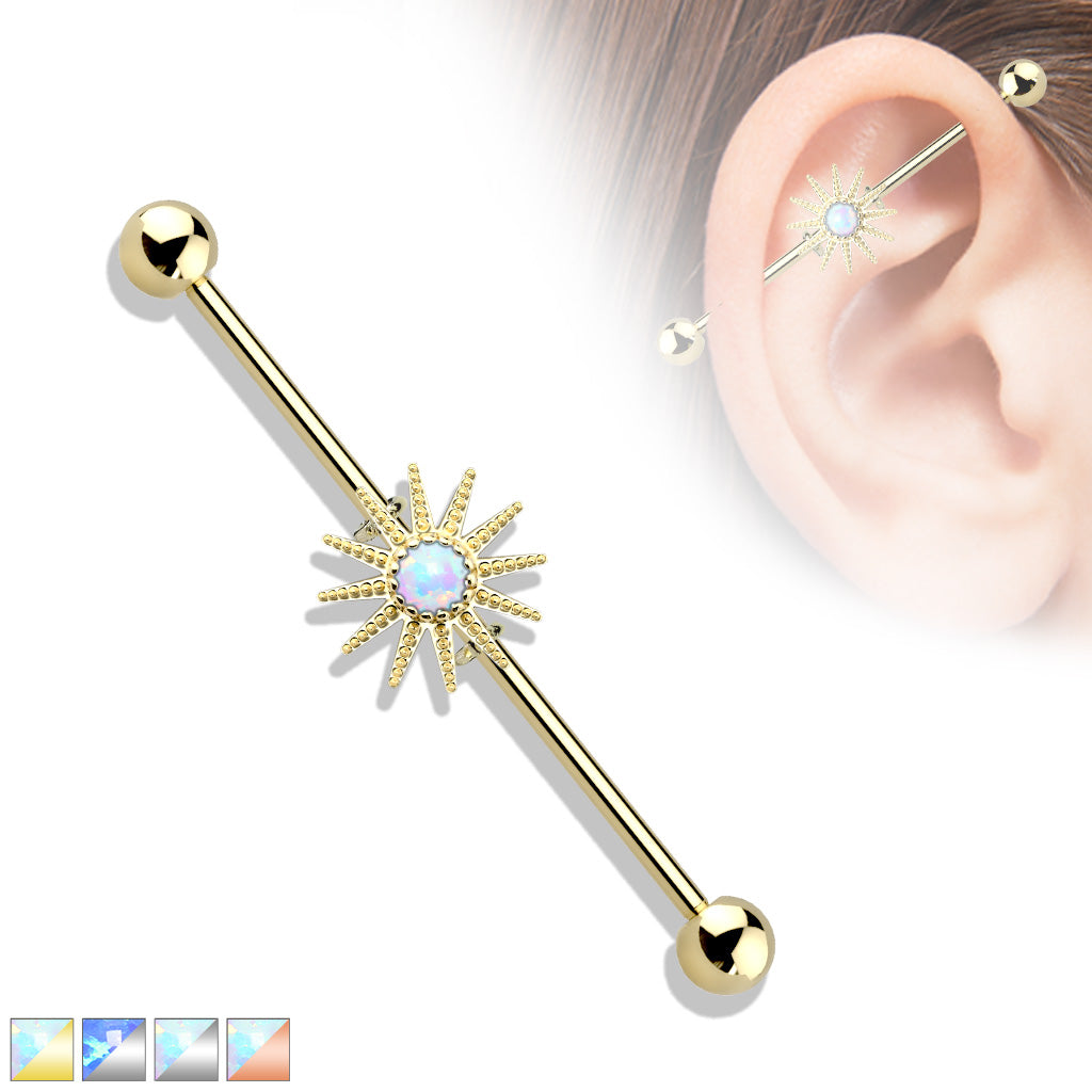 Opal Center Sunburst 316L Surgical Steel Industrial Barbell - all colors