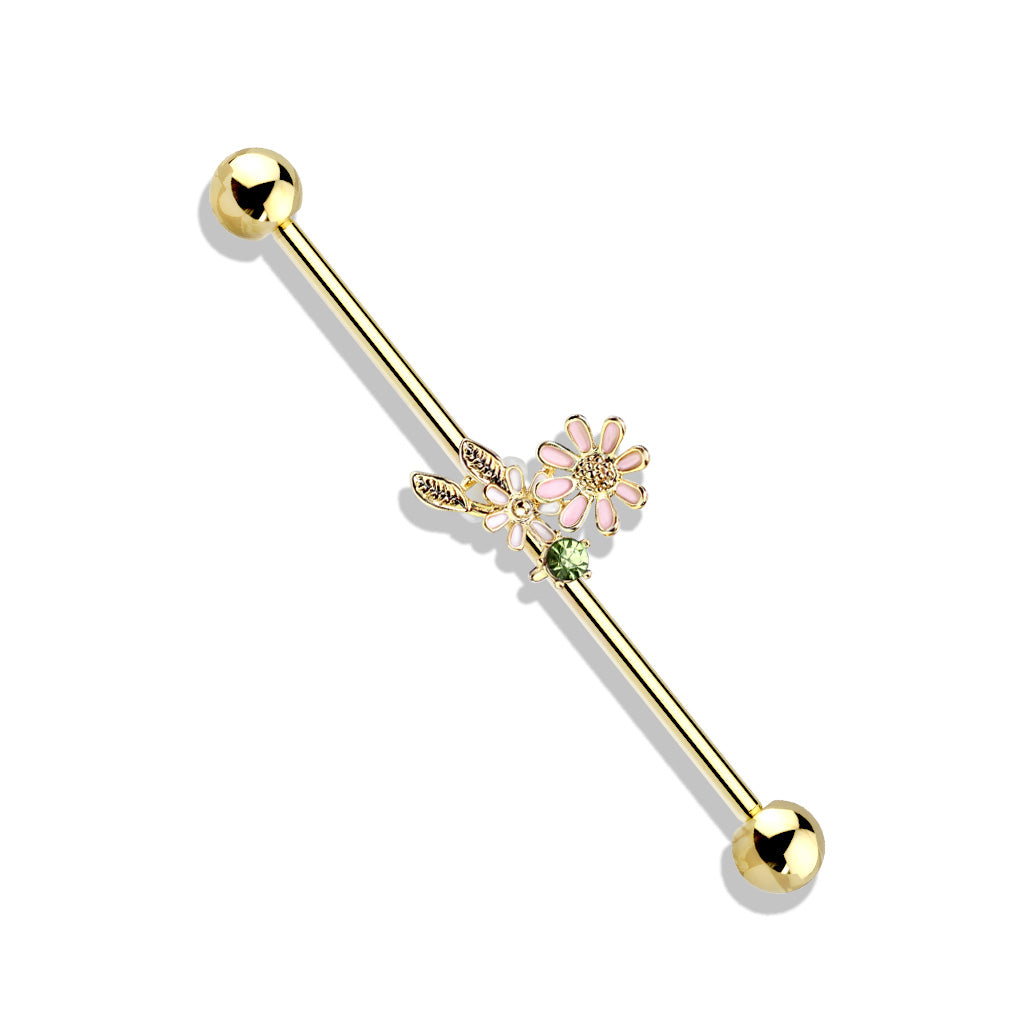 Flowers & Leaves Industrial Barbell - Gold/Clear