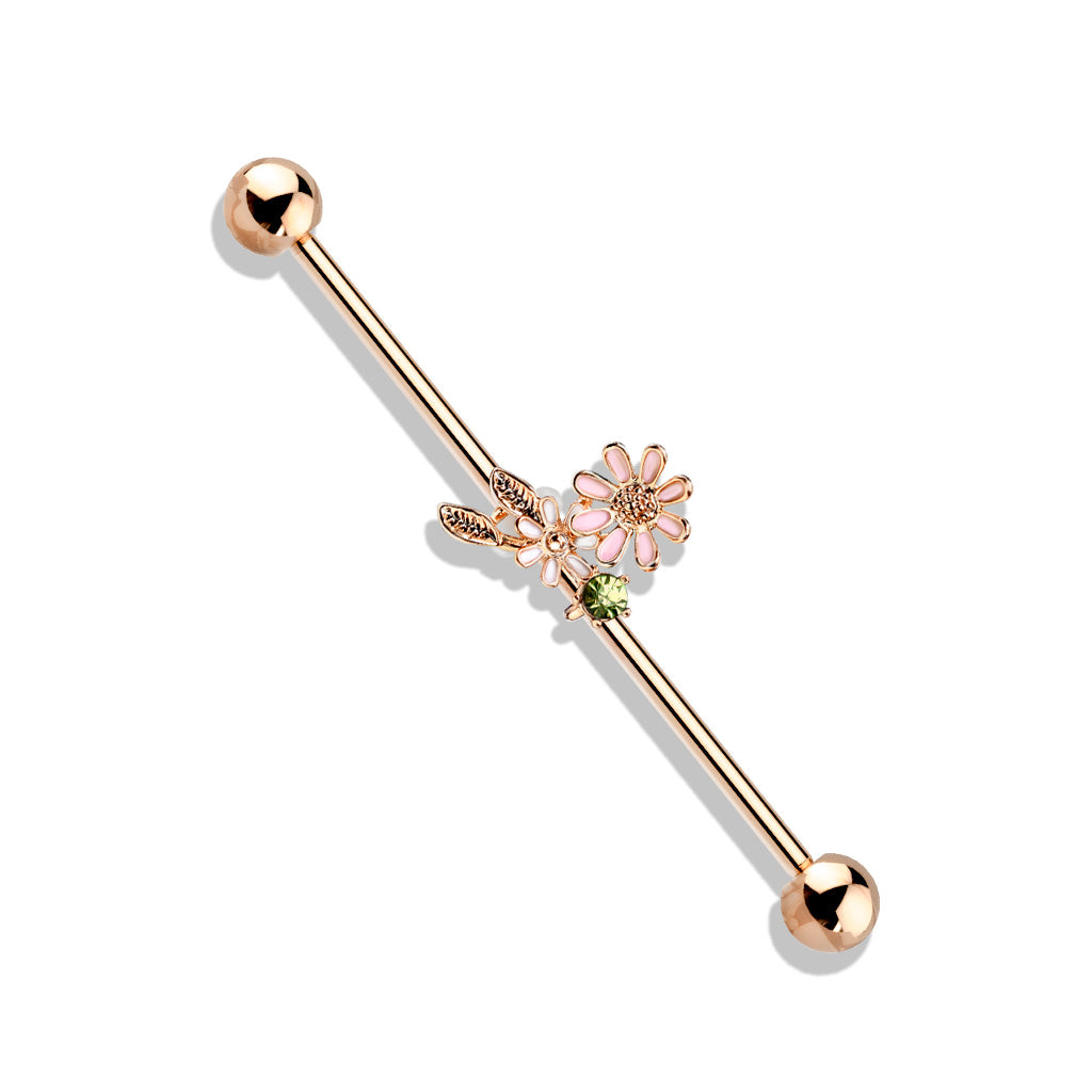 Flowers & Leaves Industrial Barbell - Rose Gold/Clear