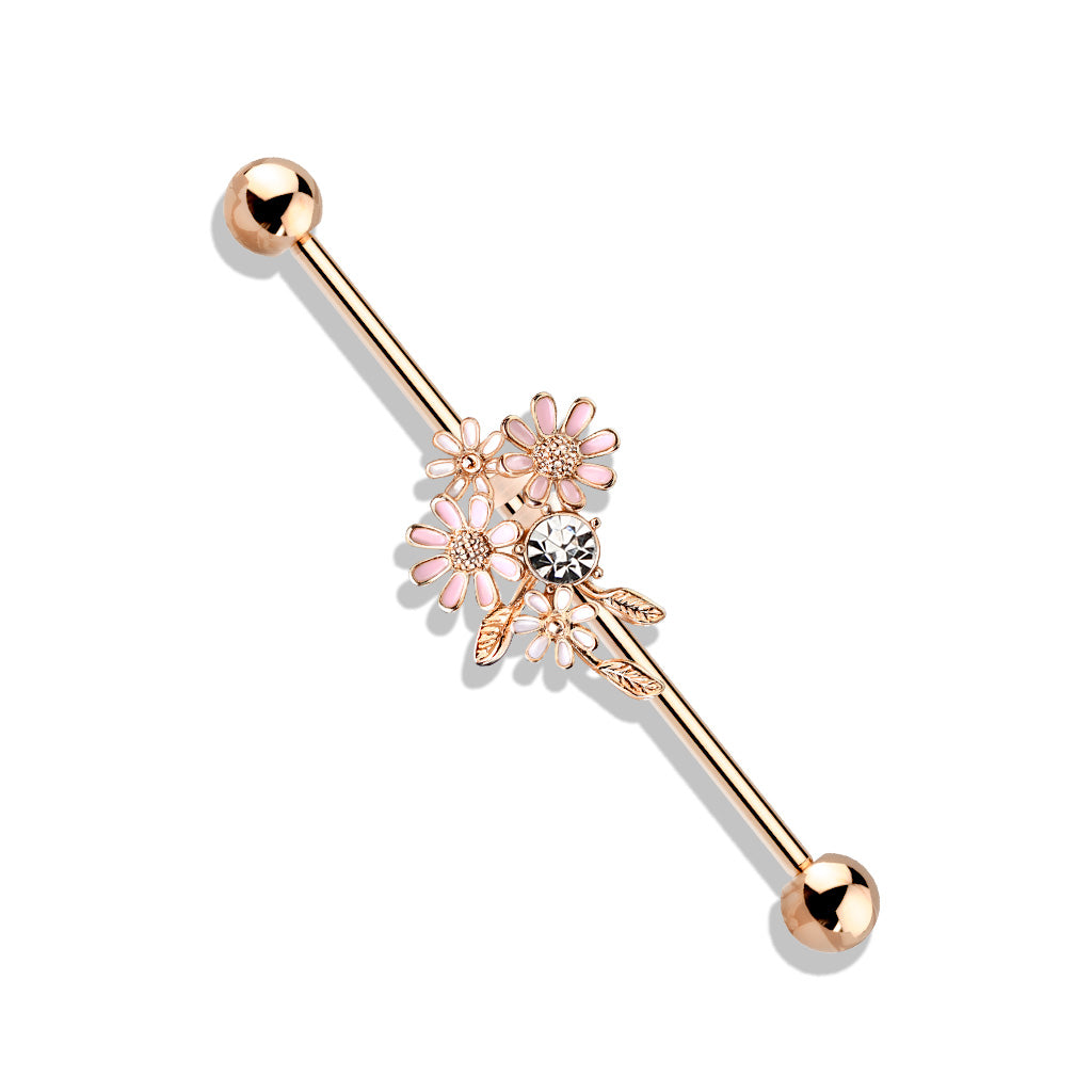 CZ Flower Bouquet Industrial Barbell - Rose Gold/Clear