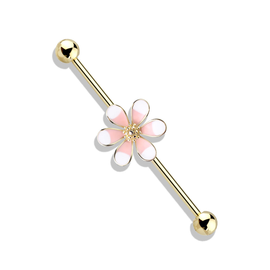 Two-Tone Enamel Flower Industrial Barbell - Pink