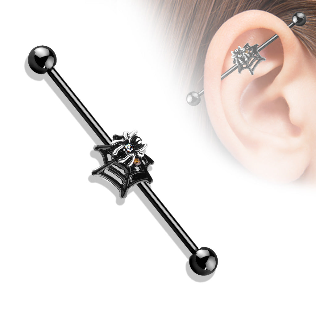 Crystals Set Spider on Web 316L Surgical Steel Industrial Barbell - all colors
