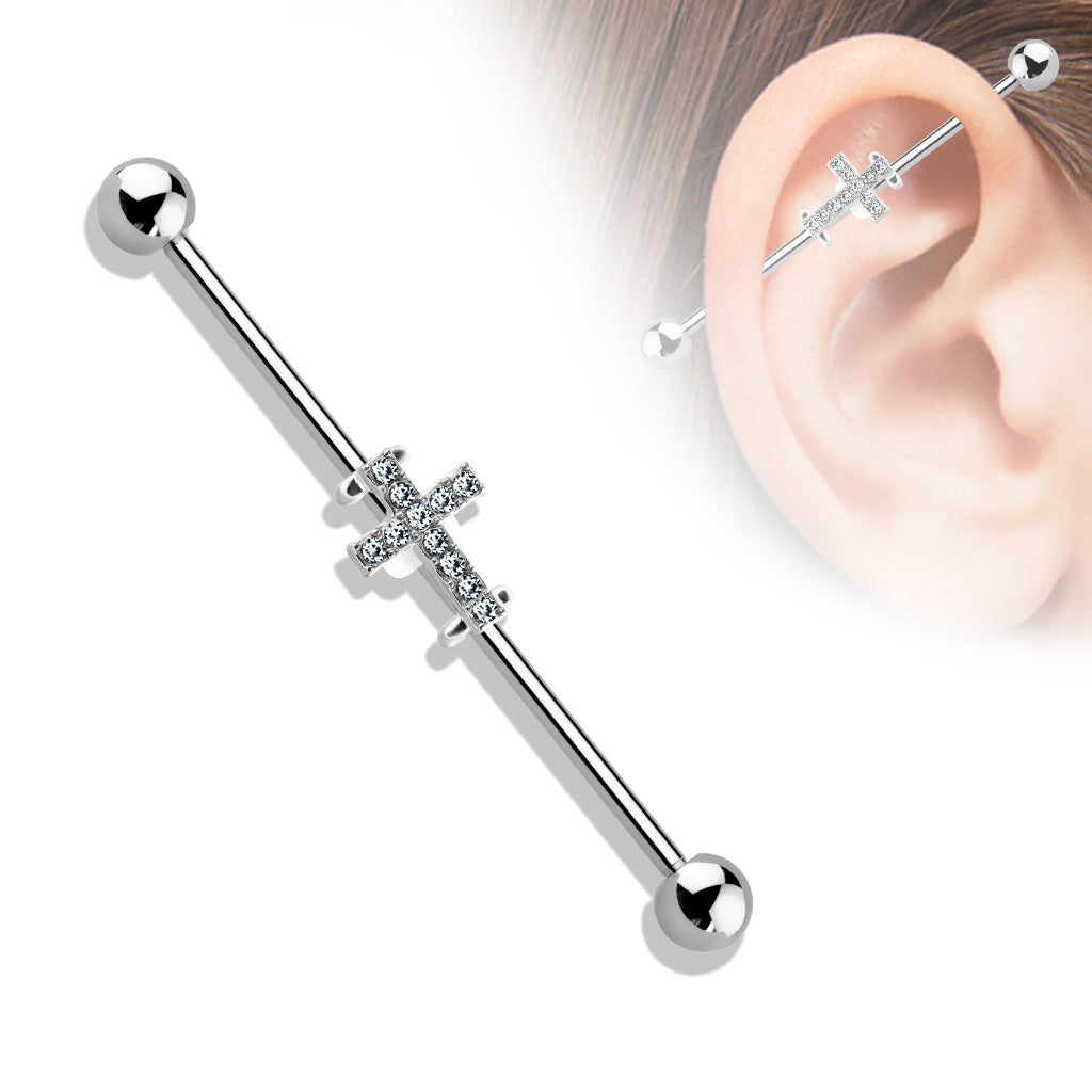 Silver Crystal Paved Cross Industrial Barbell