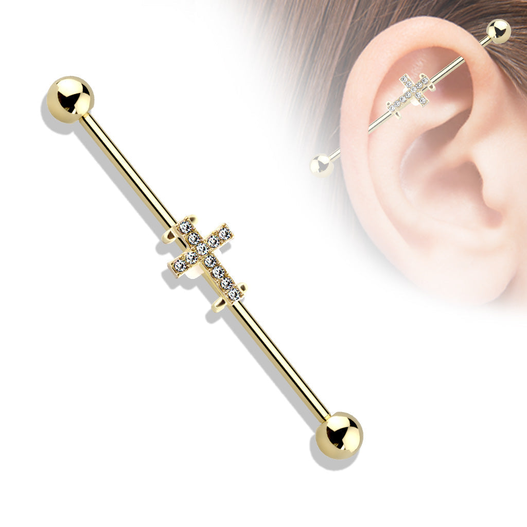 Gold Crystal Paved Cross Industrial Barbell