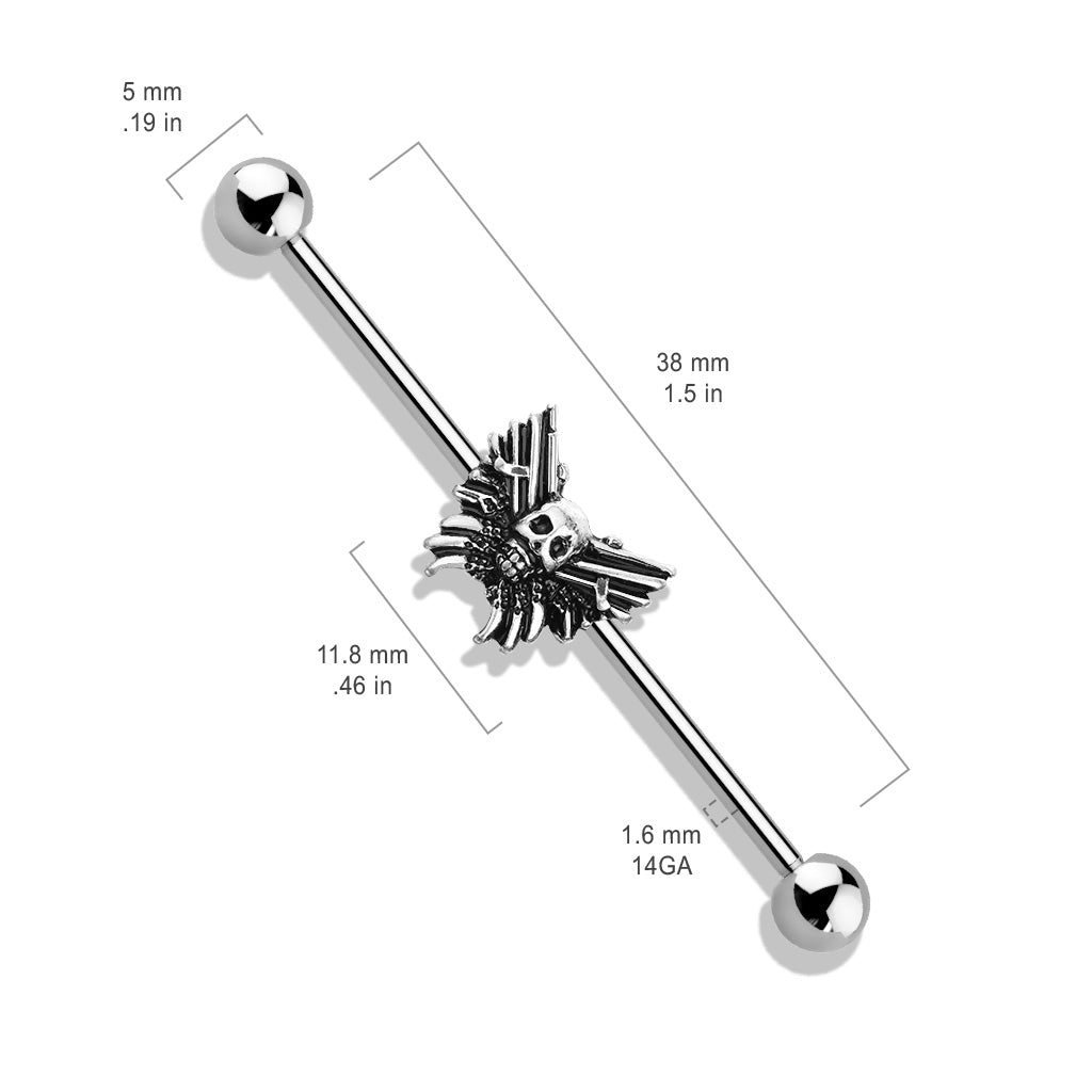 Skull Center Butterfly 316L Surgical Steel Industrial Barbell size chart