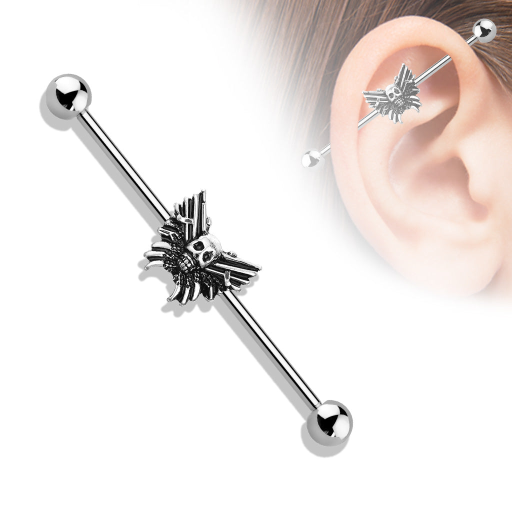 Skull Center Butterfly 316L Surgical Steel Industrial Barbell - all colors