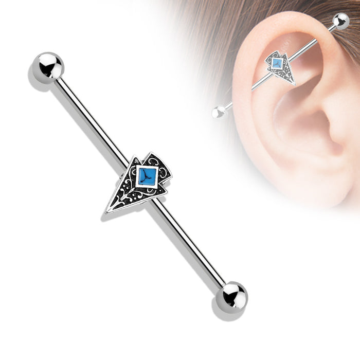 Turquoise Enamel Center Tribal Arrow 316L Surgical Steel Industrial Barbell