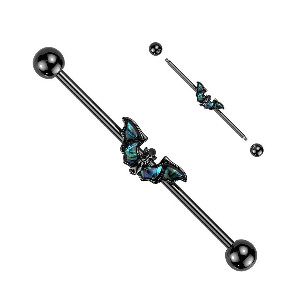 Black PVD Over 316L Surgical Steel Industrial Barbell With Abalone Winged Bat - Black