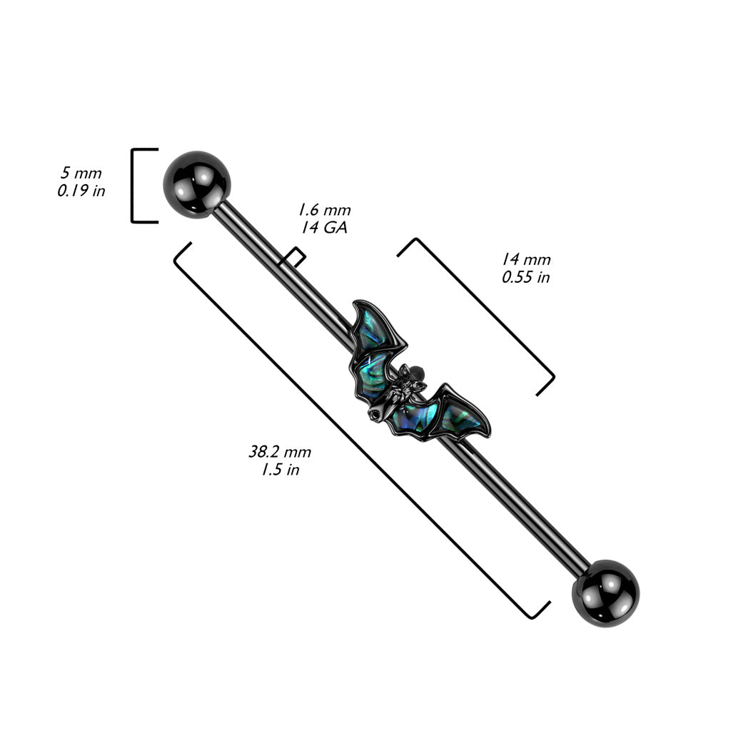 Black PVD Over 316L Surgical Steel Industrial Barbell With Abalone Winged Bat size chart