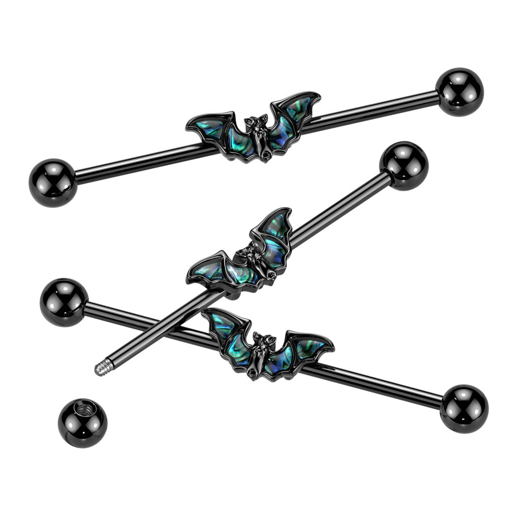 Black PVD Over 316L Surgical Steel Industrial Barbell With Abalone Winged Bat - all colors