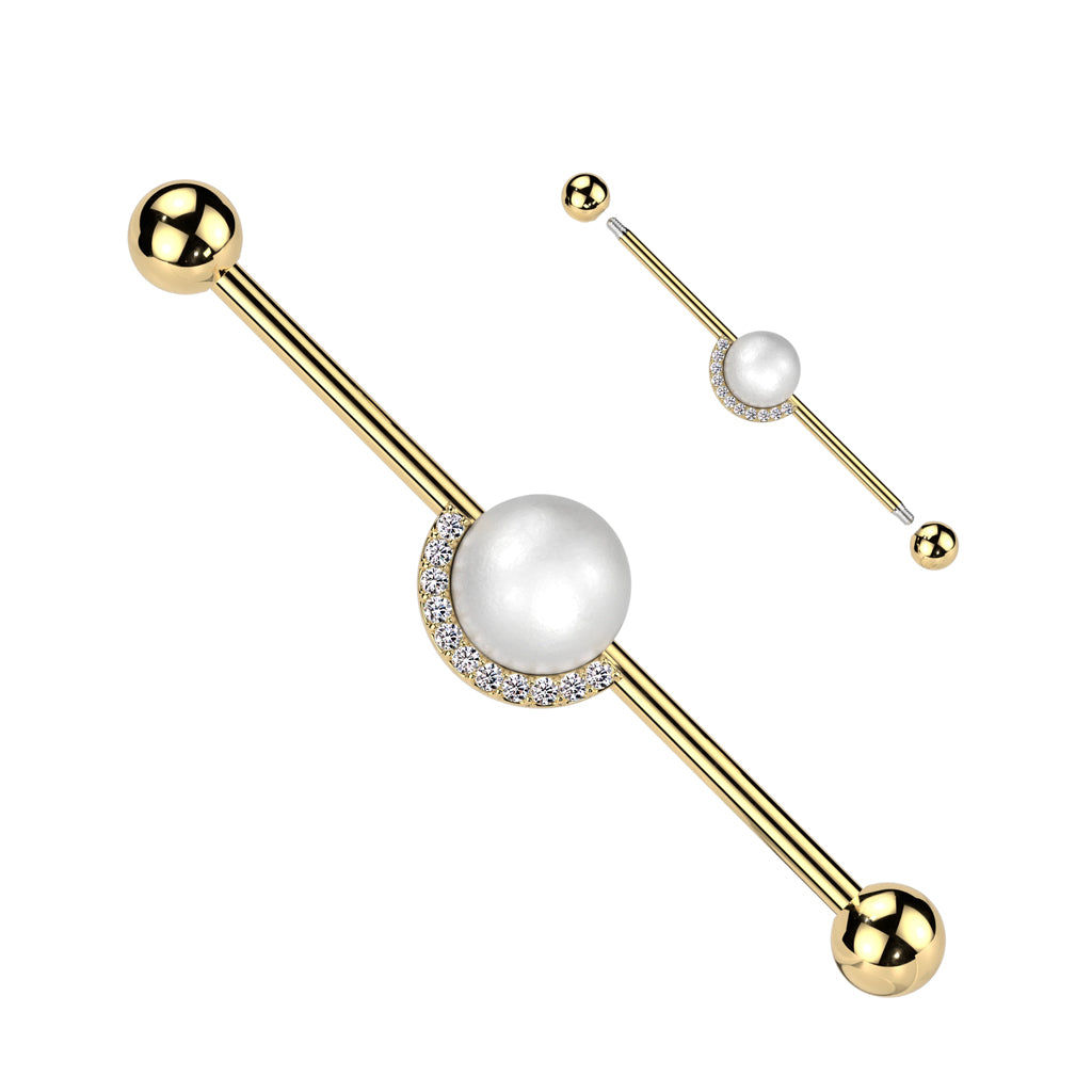 316L Surgical Steel Industrial Barbell With Pearl and Half CZ Rim Edge - Gold/Clear