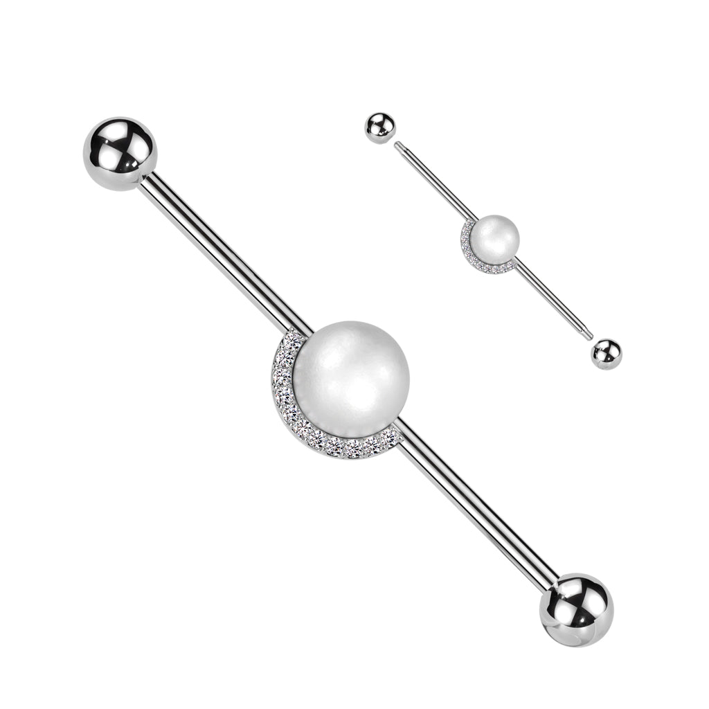316L Surgical Steel Industrial Barbell With Pearl and Half CZ Rim Edge - Steel/Clear
