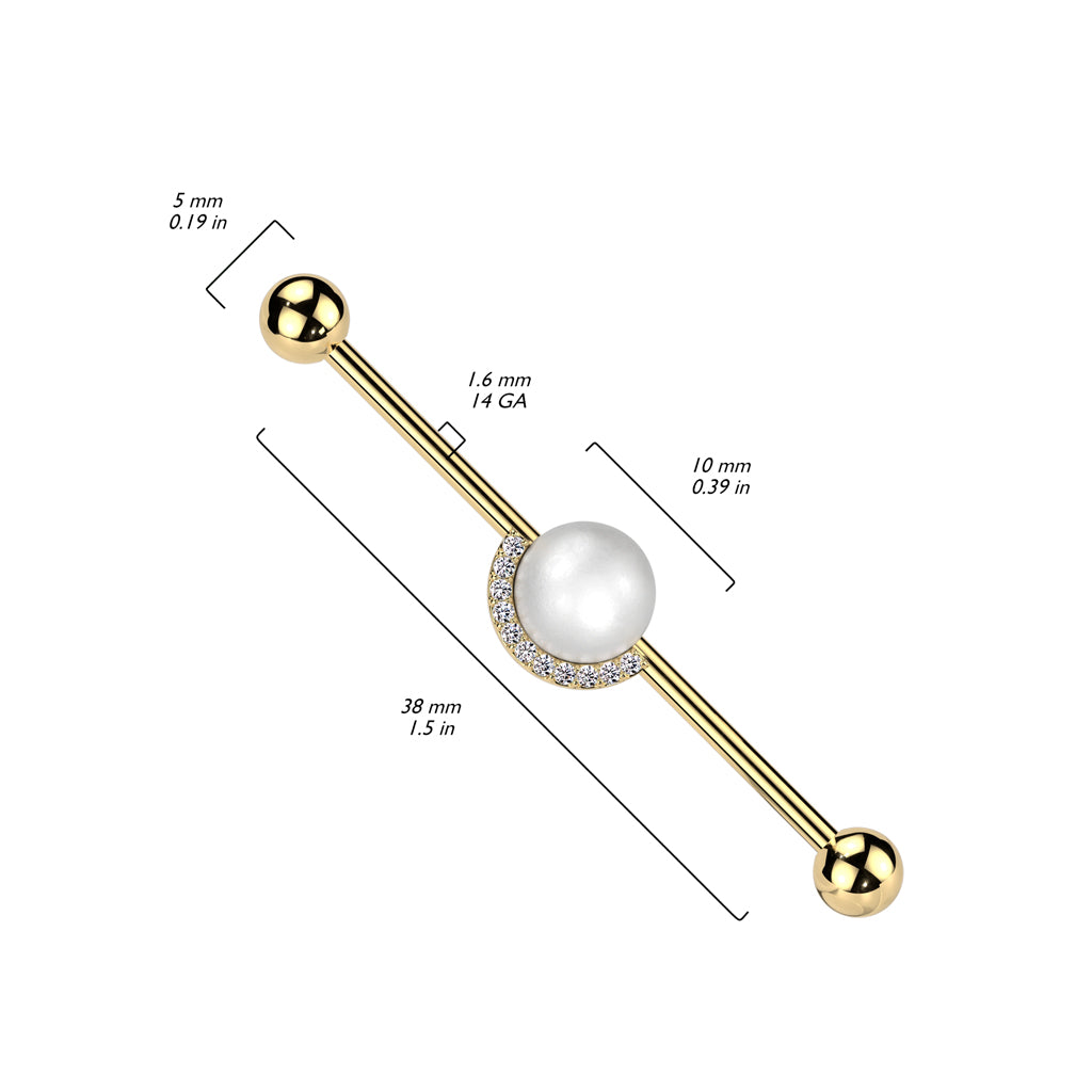 316L Surgical Steel Industrial Barbell With Pearl and Half CZ Rim Edge size chart