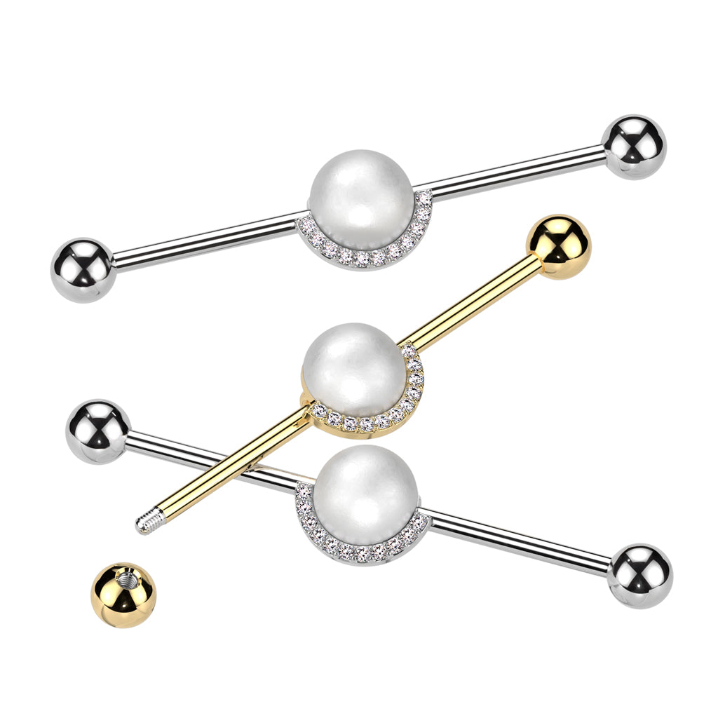 316L Surgical Steel Industrial Barbell With Pearl and Half CZ Rim Edge - all colors