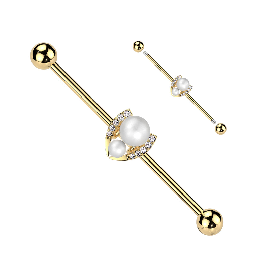 316L Surgical Steel Industrial Barbell With Double Pearl and Pave CZ Horseshoe - Gold/Clear