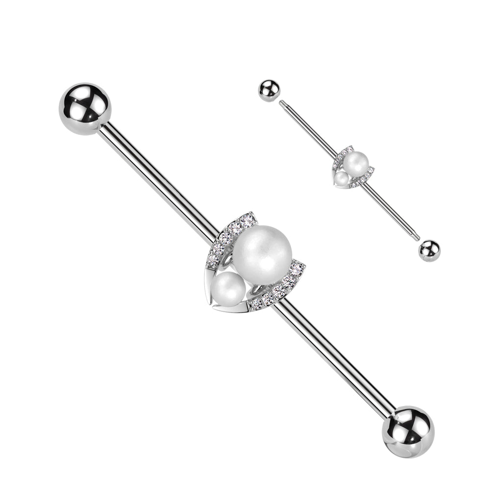 316L Surgical Steel Industrial Barbell With Double Pearl and Pave CZ Horseshoe - Steel/Clear