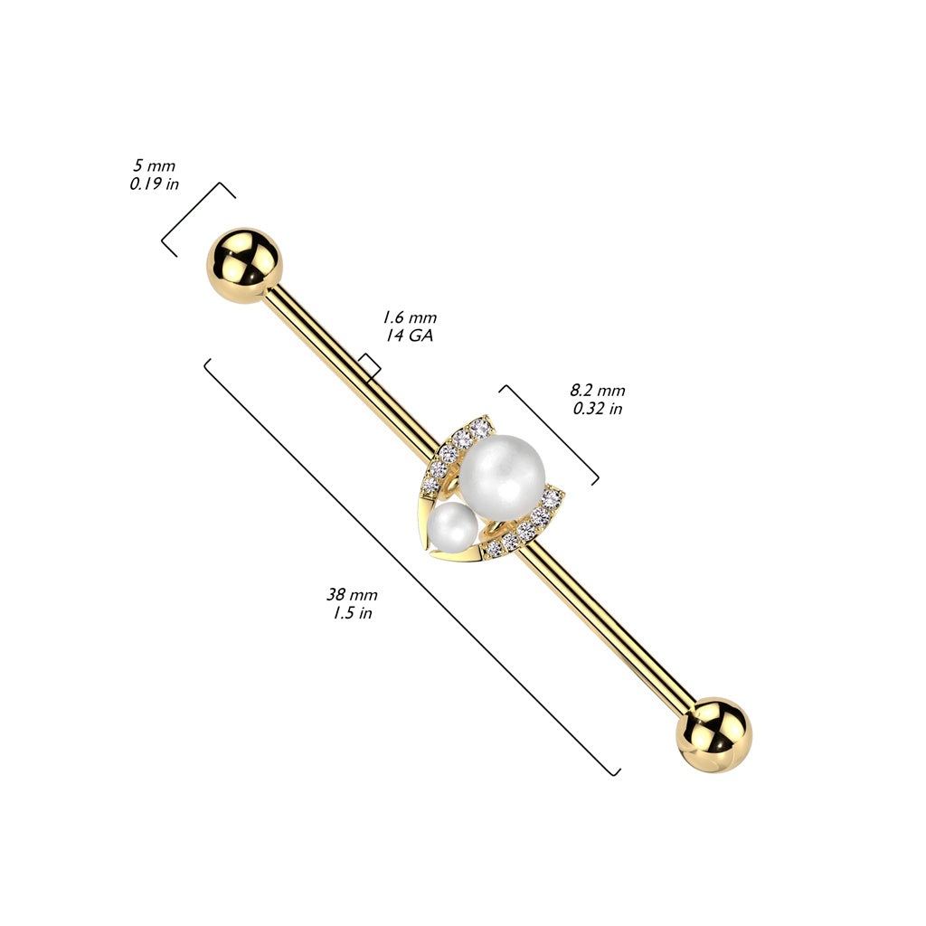 316L Surgical Steel Industrial Barbell With Double Pearl and Pave CZ Horseshoe size chart