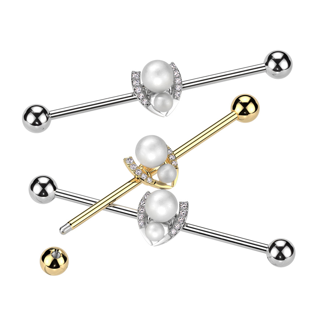 316L Surgical Steel Industrial Barbell With Double Pearl and Pave CZ Horseshoe - all colors