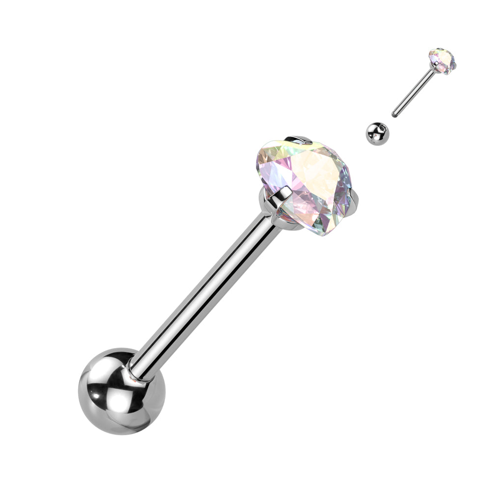 Prong Set Heart CZ 316L Surgical Steel Barbell Tongue Rings - Aurora Borealis