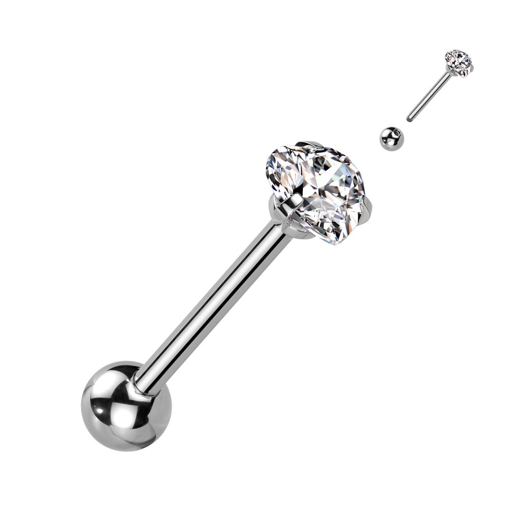 Prong Set Heart CZ 316L Surgical Steel Barbell Tongue Rings - Clear