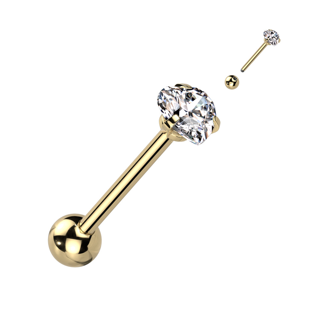 Prong Set Heart CZ 316L Surgical Steel Barbell Tongue Rings - Gold/Clear