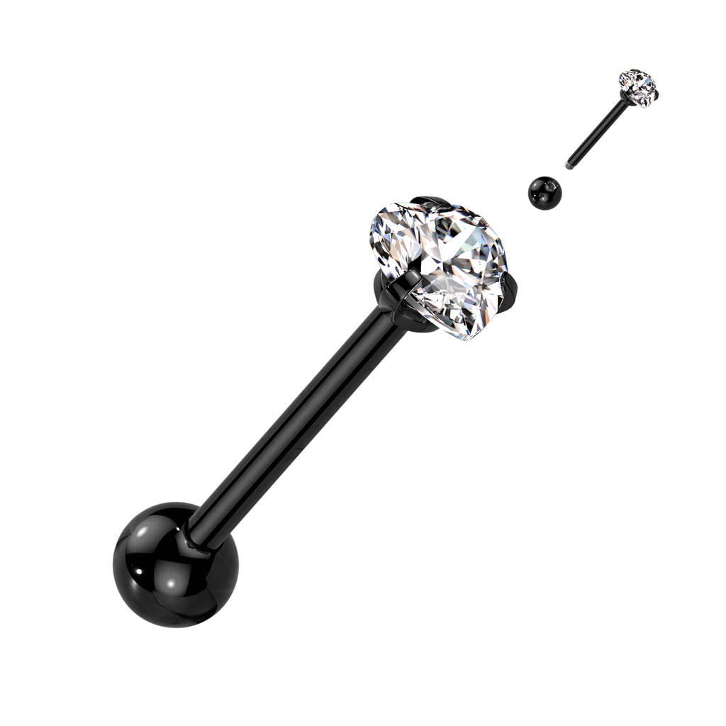 Prong Set Heart CZ 316L Surgical Steel Barbell Tongue Rings - Black/Clear
