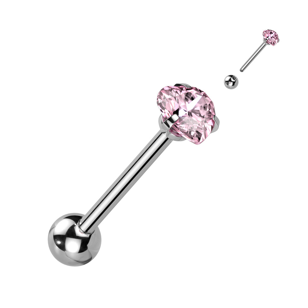 Prong Set Heart CZ 316L Surgical Steel Barbell Tongue Rings - Pink
