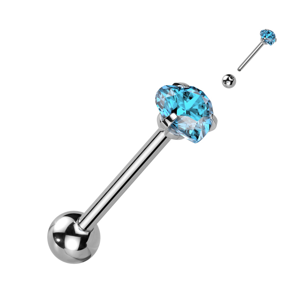 Prong Set Heart CZ 316L Surgical Steel Barbell Tongue Rings - Aqua