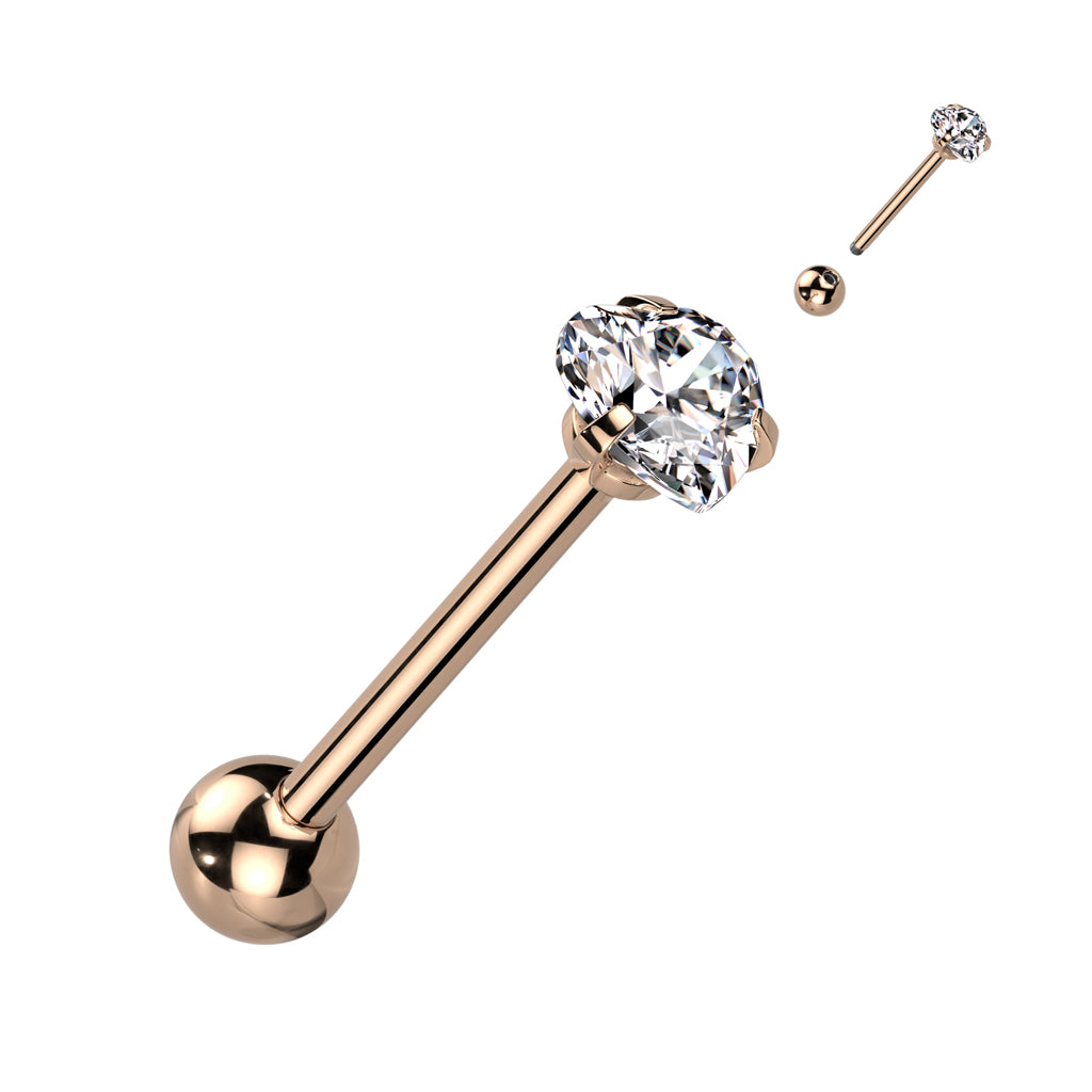 Prong Set Heart CZ 316L Surgical Steel Barbell Tongue Rings - Rose Gold/Clear