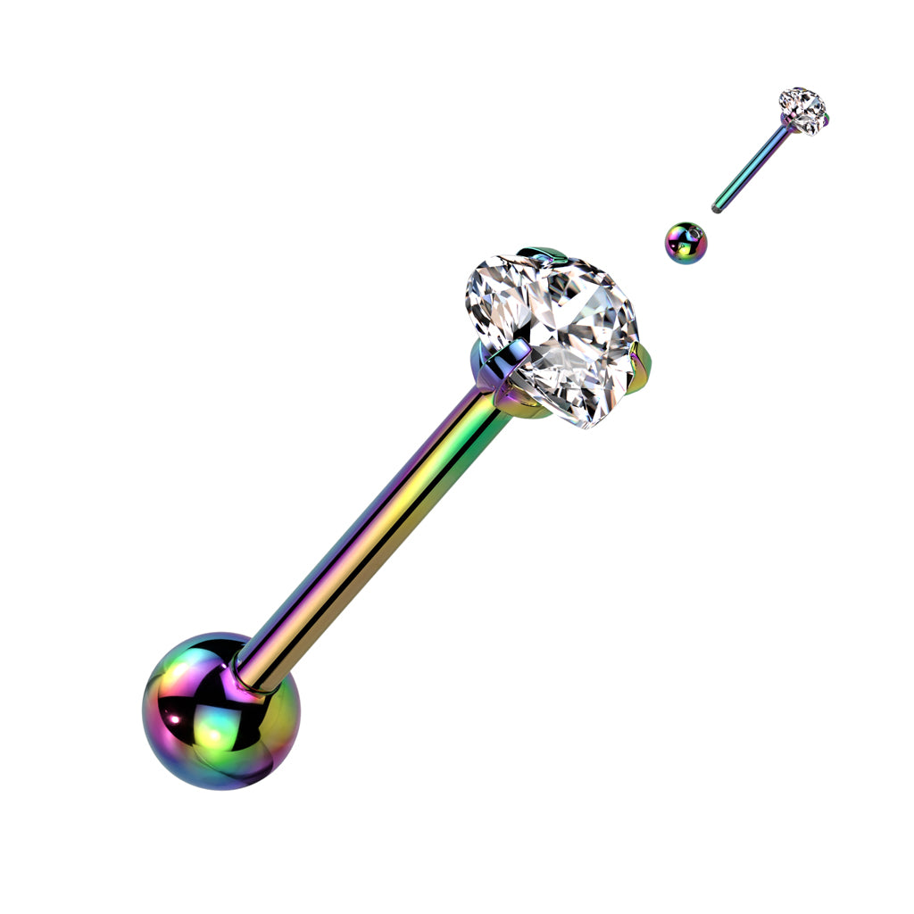 Prong Set Heart CZ 316L Surgical Steel Barbell Tongue Rings - Rainbow/Clear