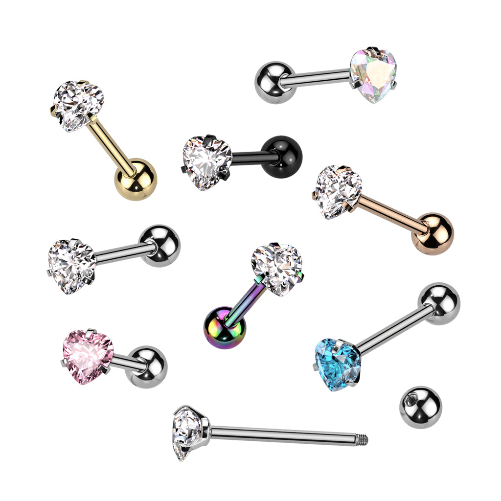 Prong Set Heart CZ 316L Surgical Steel Barbell Tongue Rings - all colors