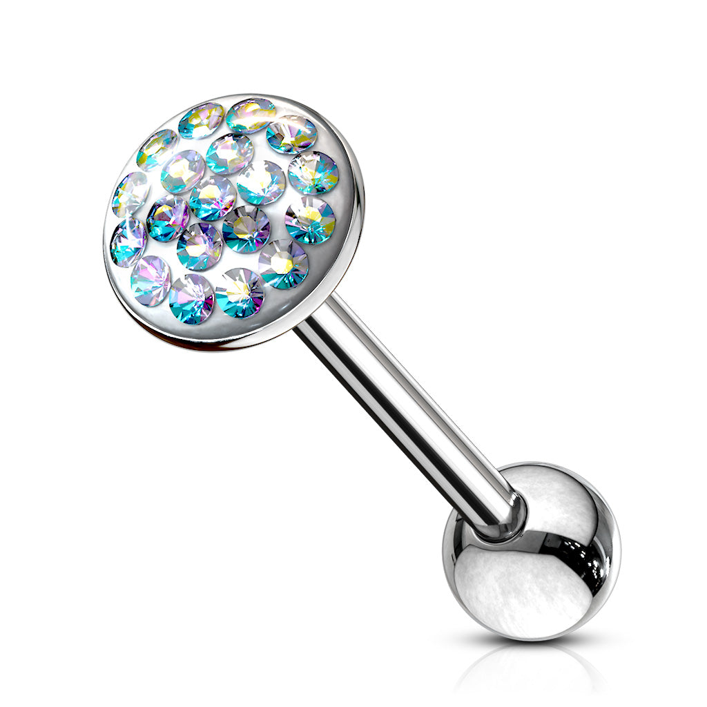 Round Paved-Gem 316L Surgical Steel Barbell . Clear Epoxy surface to avoid any scratches - Aurora Borealis