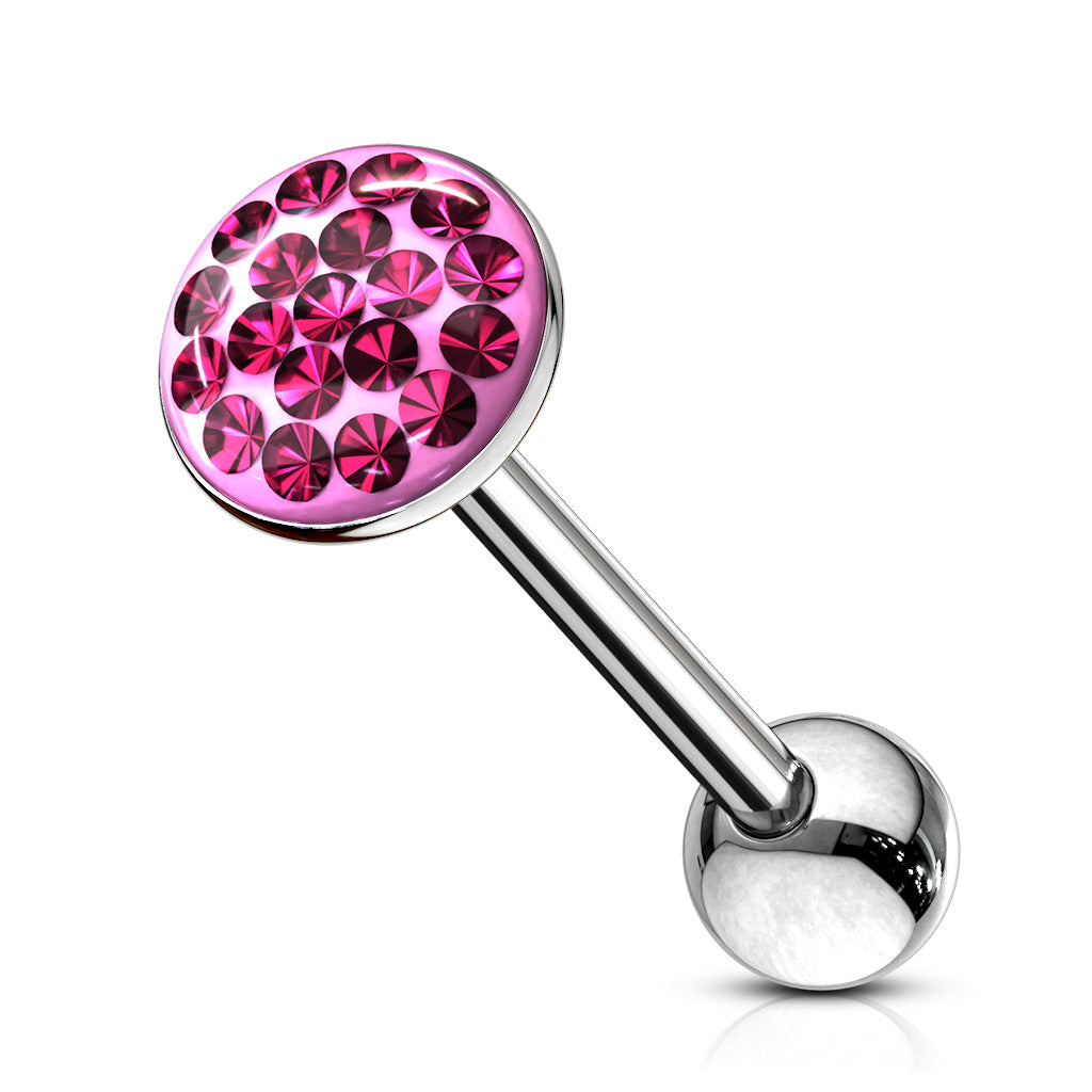 Round Paved-Gem 316L Surgical Steel Barbell . Clear Epoxy surface to avoid any scratches - Pink