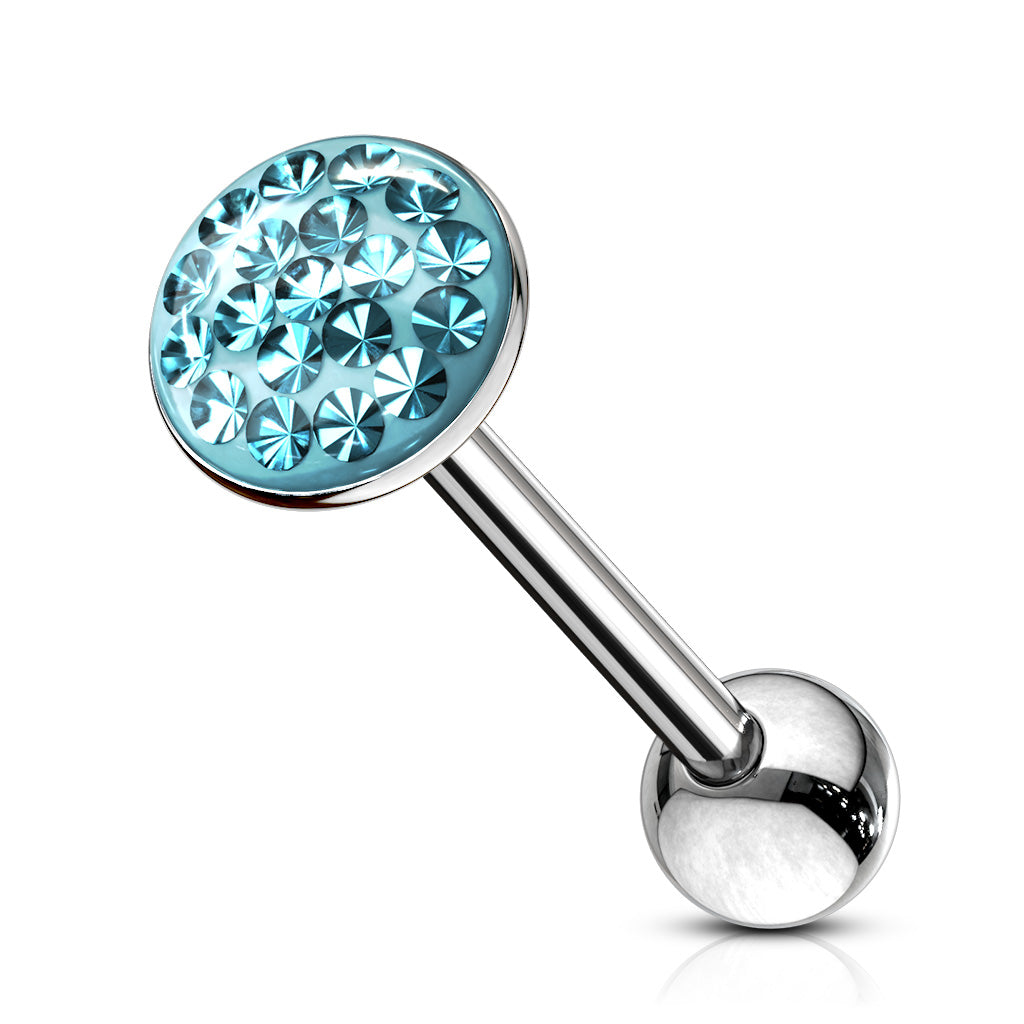 Round Paved-Gem 316L Surgical Steel Barbell . Clear Epoxy surface to avoid any scratches - Aqua