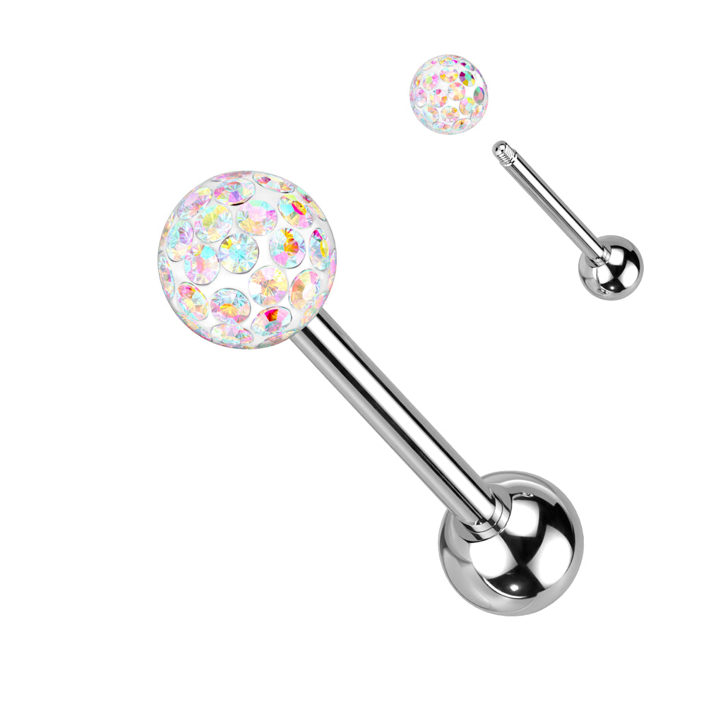 Clear Epoxy Over Multi Crystal Ferido Ball Top 316L Surgical Steel Barbell - Aurora Borealis