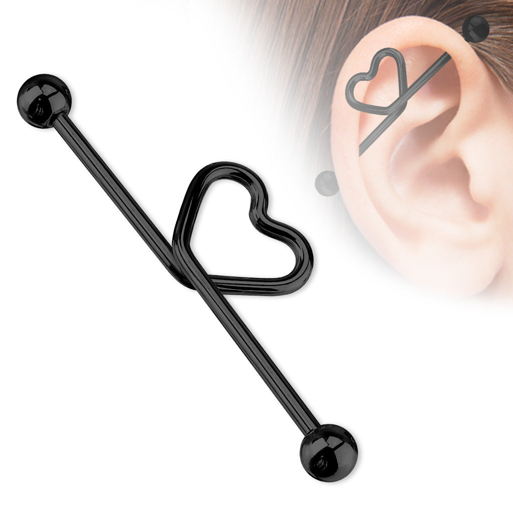 Heart shape in the middle Titanium IP over 316L S.Steel Industrial Barbell - Black