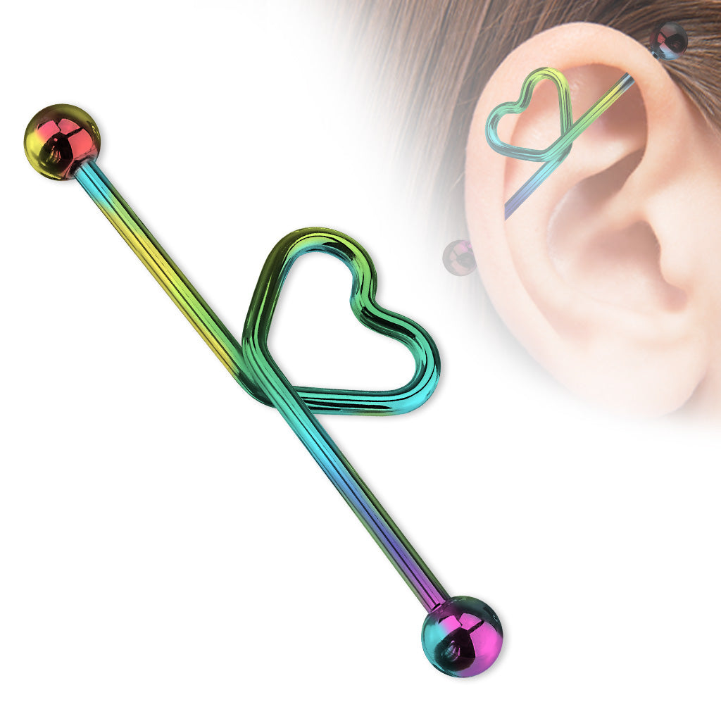Heart shape in the middle Titanium IP over 316L S.Steel Industrial Barbell - Rainbow