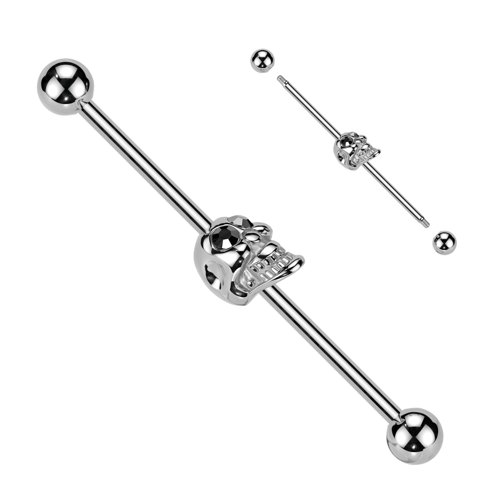 D-DSkull w/Gemmed Eyes 316L Industrial Barbell - Black